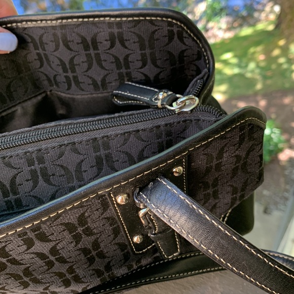 Vintage Fossil Shoulder bag large black leather canvas silver hardware Y2K - Picture 10 of 15